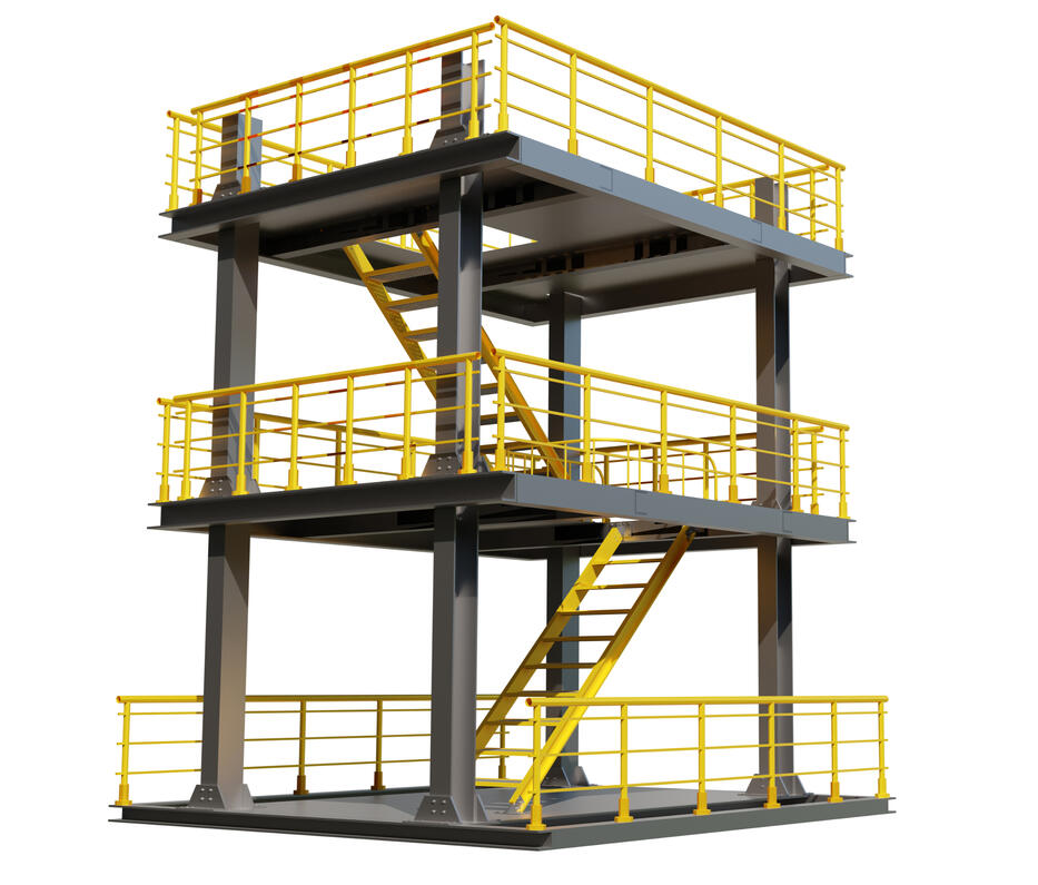 Multi-level mezzanine with structural stairs for warehousing, logistics, or modular operations.